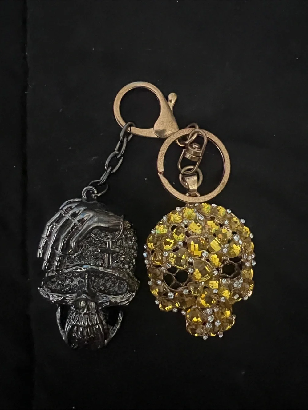 Dual Skull Keychain with Yellow Crystal Skull